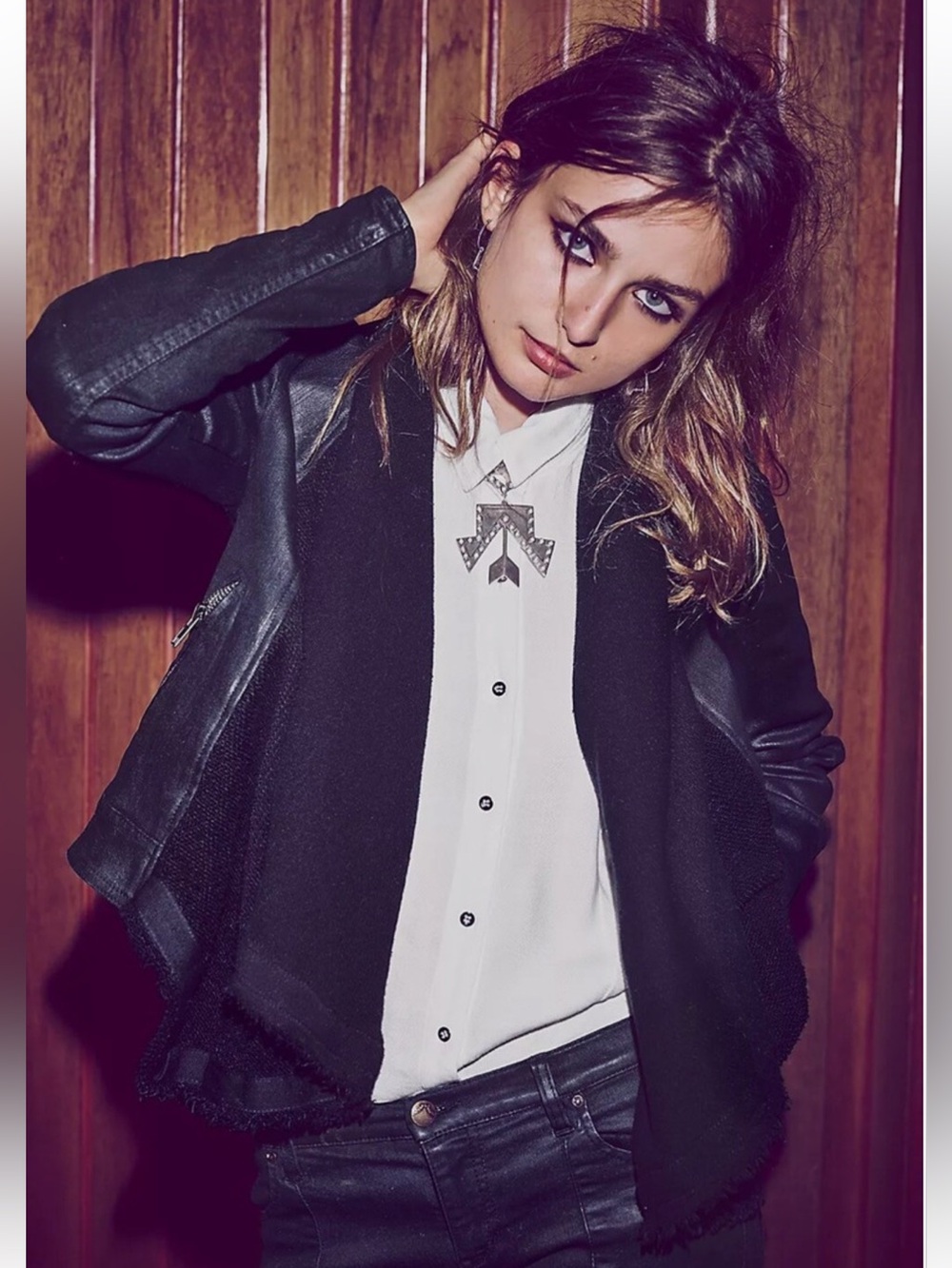 Free People Black Moto Jacket Women’s 4 Draped Knit Collar Faux Leather Biker I - Picture 4 of 17